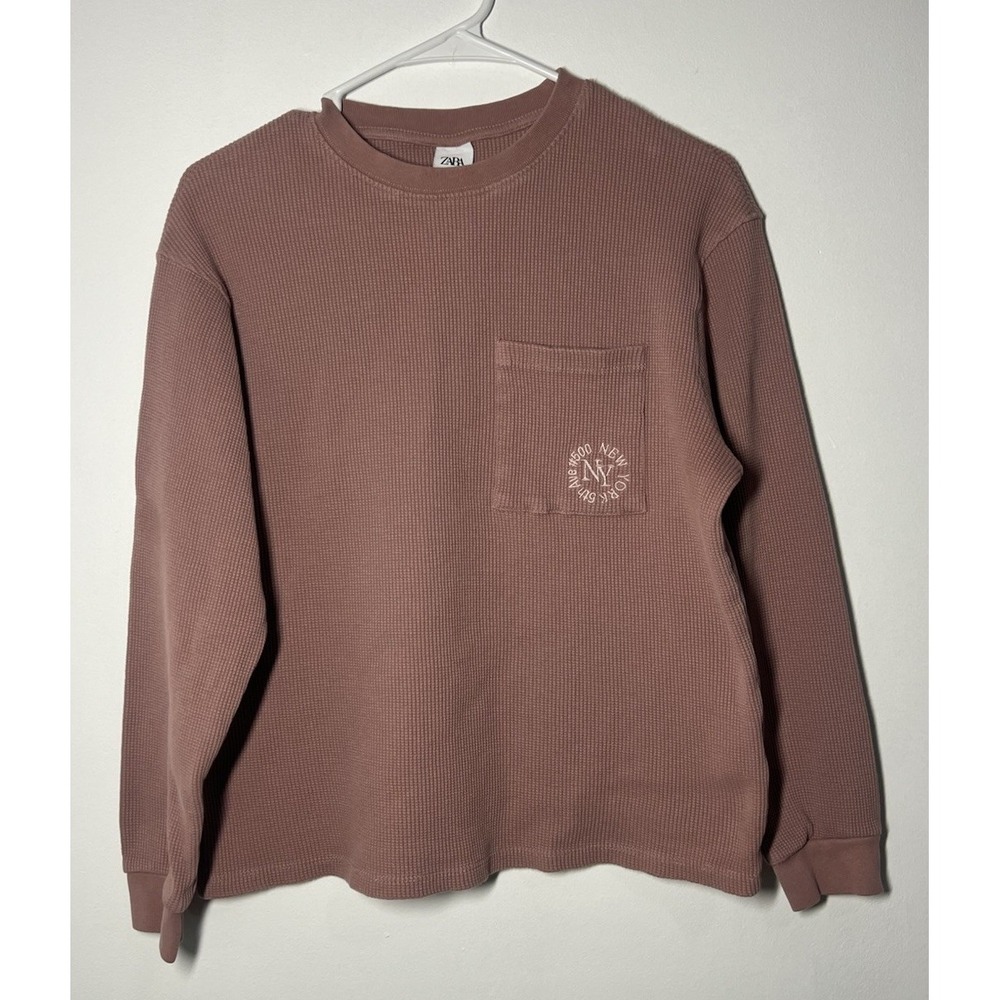 Zara Women's Loungewear Long Sleeve Dusty Pink Waffle Knit Long Sleeve Top Sz M